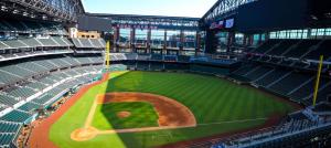 an view of a baseball field in a stadium at A Blissful Townhome with a Game Room Near AT&T Stadium, Six Flags, DFW Airport in Arlington