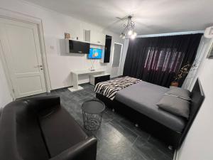a bedroom with a bed and a couch and a television at Apartament Milan in Mangalia