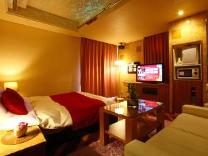 um quarto de hotel com uma cama e uma televisão em HOTEL Villamure ogori em Tosu