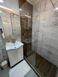 ein Badezimmer mit einem weißen Waschbecken und einer Dusche in der Unterkunft Apartman Central Lux A&D in Bečej