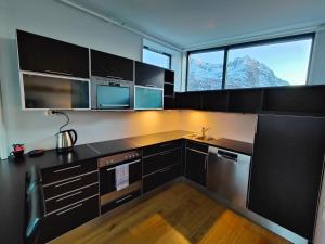 uma cozinha com armários pretos, um lavatório e duas janelas em Hamn i Senja em Hamn