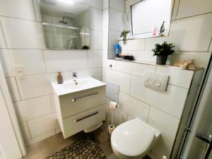 a white bathroom with a toilet and a sink at Ferienwohnung Heide 1 in Walsrode