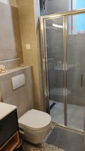 a bathroom with a toilet and a shower at Olive Tree City Apartment in Zagreb