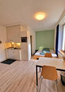 Habitación pequeña con cocina y cama en Casa Maria Apartments en Solothurn