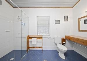 un bagno con wc e doccia in vetro di North Lodge Highland Cottage a Pokolbin Altre 12 foto