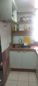 a small kitchen with white cabinets and a sink at Movistar Apart Santiago in Santiago