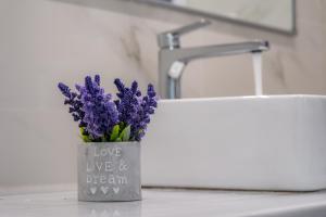 a vase filled with purple flowers sitting on a counter at Stefano's Home in Potokáki