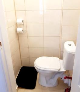 a bathroom with a white toilet in a stall at Bright spacious apartment with street parking in Rīga