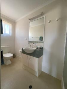 a bathroom with a sink and a toilet and a mirror at Warrego Motel in Charleville