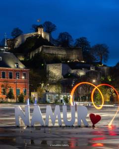 una señal que dice namu delante de una ciudad en Gite L'Ecureuil - Appartement 4 personnes à Wépion (Namur), en Namur