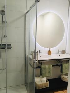 a bathroom with a sink and a shower at Les Remparts in Châteauneuf-du-Faou