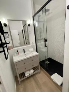 łazienka z umywalką i prysznicem w obiekcie Suites Mana - Bleu Pacifique - Vue sur Place Ducale avec Parking privé inclus w mieście Charleville-Mézières +29 zdjęć