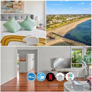 a collage of pictures of a bedroom and a beach at StayAU 2BRM Beach Family House Hampton in Melbourne