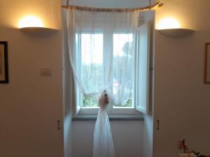 a wedding dress hanging in front of a window at Voglia di mare in Capraia