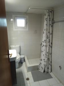 y baño con aseo y cortina de ducha. en EvropisHouse, en Kozani