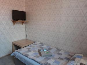 a small bedroom with a bed and a tv at Noclegi Viktor in Kalwaria Zebrzydowska