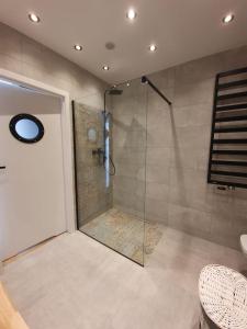a bathroom with a shower with a glass door at Prestige Apartment Marina View Balcony in Gdańsk