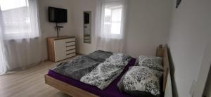 Schlafzimmer mit einem Bett und einem TV an der Wand in der Unterkunft Ferienhaus Sole in Velden am Wörthersee