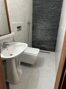 uma casa de banho com um lavatório, um WC e um chuveiro em Club Themis Hotel em Kotor