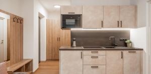 uma cozinha com um lavatório e um micro-ondas em Ferienapartments Tramin Z1 em Termeno