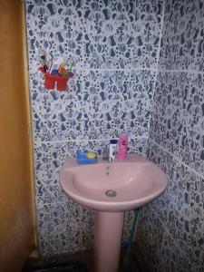 a pink sink in a bathroom with blue and white wallpaper at Bulnewa Grammar International home stay/Tree-house 