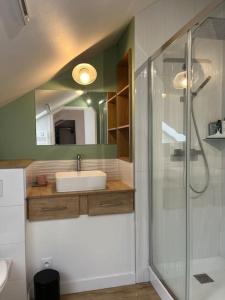 une salle de bain avec un lavabo et une douche en verre dans l'établissement Duplex cosy hyper centre Caen, à Caen