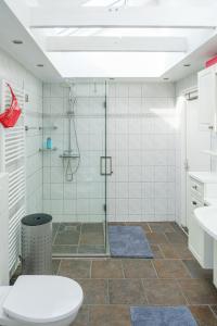 a bathroom with a shower with a toilet and a sink at BenB De Dromen van Tuyn in Aalten