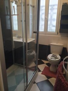 a bathroom with a toilet and a glass shower at La Demeure in Gabarret