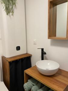 een badkamer met een witte wastafel en een spiegel bij BERCK sur Mer Appartement Cosy à 50 métres de la plage in Berck-sur-Mer