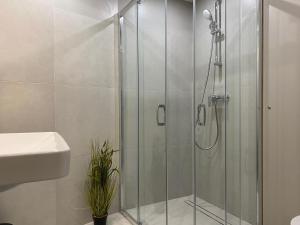 a shower stall with a glass door in a bathroom at Old Town Residence Bis in Krakow