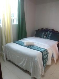 1 Schlafzimmer mit 2 Betten und grünen Vorhängen in der Unterkunft Emerald Gardens Airbnb in Kitale