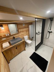 uma casa de banho com um chuveiro, um lavatório e um WC. em Cabane bien belge avec cinéma et jacuzzi em Lasne