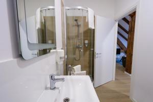 a bathroom with a sink and a shower at Palatul Lugoj in Lugoj