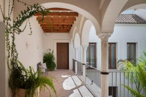 wewnętrzny dziedziniec domu z łukami i roślinami w obiekcie Casa del Rey Sabio w Sewilli