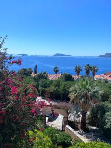 uma vista para um jardim com flores e árvores em Akdeniz Villa em Kas