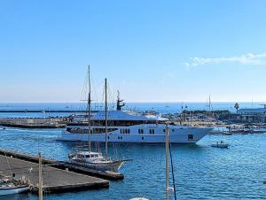 a large boat docked at a dock with other boats at AGDE chalet sénérité piscine clim 6 PL in Agde