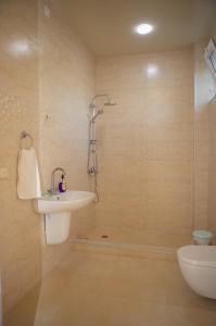 a bathroom with a shower and a sink and a toilet at Chakvi Lux House in Chakvi