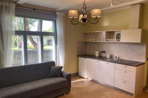 a living room with a couch and a kitchen at Tiigi Apartment in Paide