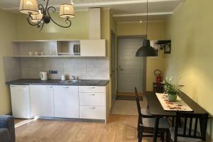 a kitchen with a table and a dining room at Tiigi Apartment in Paide