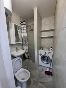 a bathroom with a toilet and a sink and a washing machine at Centrala in Bălţi