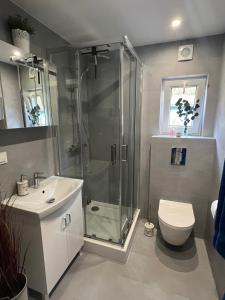 ein Badezimmer mit Dusche, Toilette und Waschbecken in der Unterkunft Tinyhouse Frida moderne & stilvolle Auszeit am See Natur & Ruhe in Stuer Mecklenburgische Seenplatte Klima, Grill in Stuer