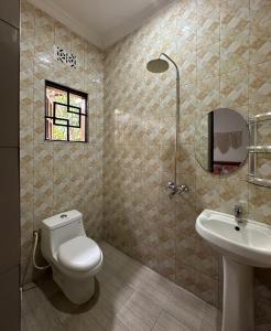 La salle de bains est pourvue de toilettes et d'un lavabo. dans l'établissement Green Living Apartment, à Nkoanrua