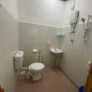 ein Bad mit einem WC und einem Waschbecken in der Unterkunft Beautiful River Homestay Kuala Pontian Rompin in Kuala Rompin