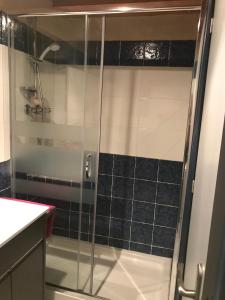 um chuveiro com uma porta de vidro na casa de banho em Alojamientos Casa San Habitaciónes em Besande