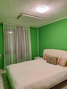 a bedroom with a bed with a green wall at CORAL apartment in Târgu-Mureş
