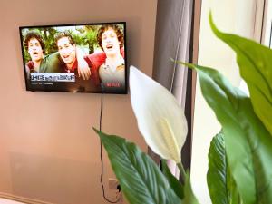 a flat screen tv hanging on a wall at Amazing Double Room In Greenwich Area in London