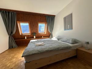 a bedroom with a bed with a tv and windows at App Bovec in Bovec
