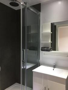 a bathroom with a shower and a sink and a mirror at Einzelzimmer mit Bad in Zwickau