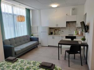 salon z kanapą i stołem oraz kuchnia w obiekcie Apartamenty Częstochowa w mieście Częstochowa