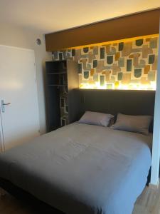 een slaapkamer met een bed met een licht erboven bij Smart Appart Le Havre 105 in Le Havre